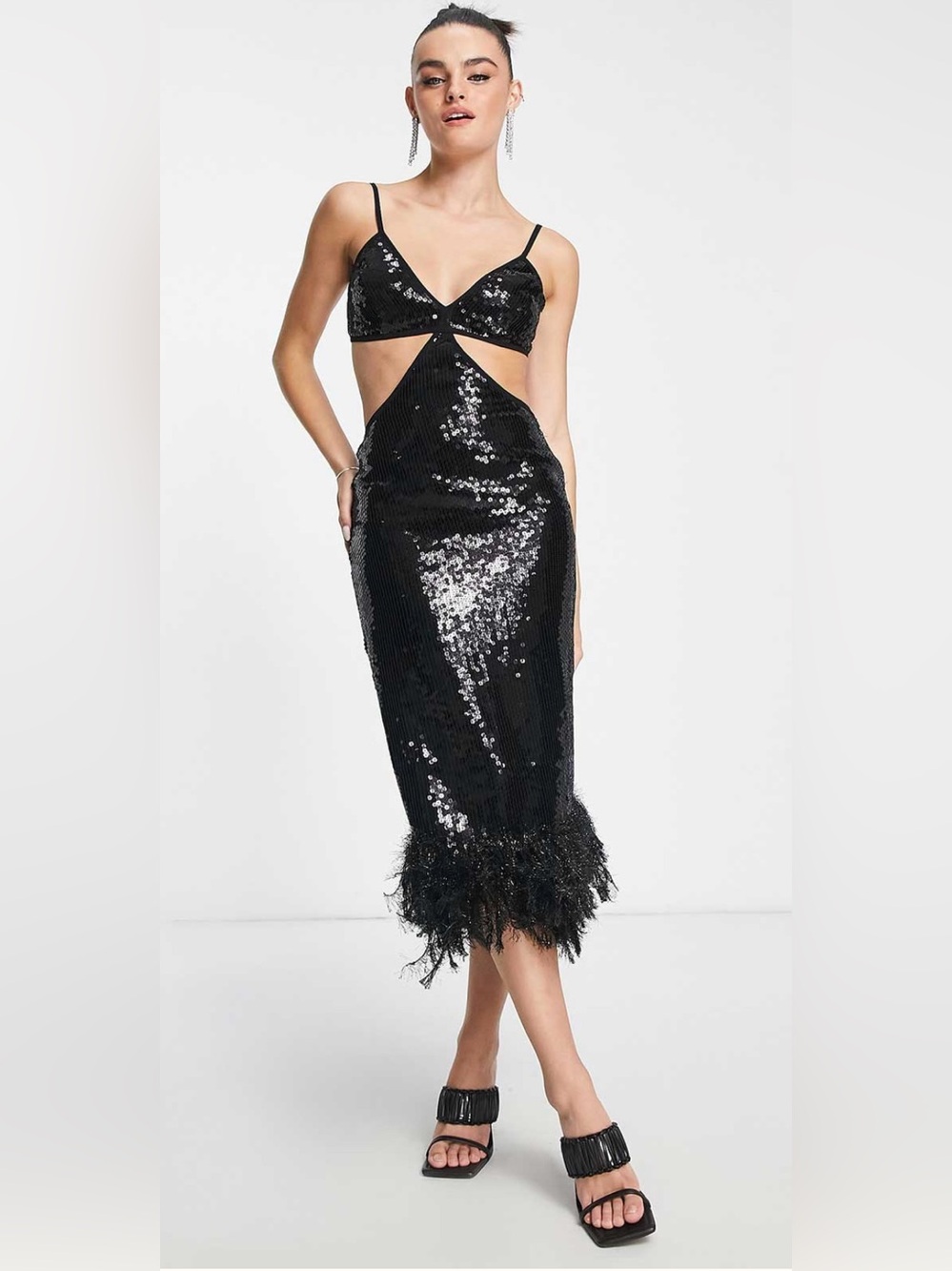 ASOS Design Strappy Sequin Maxi Dress With Faux
Feather Hem Detail In Black
